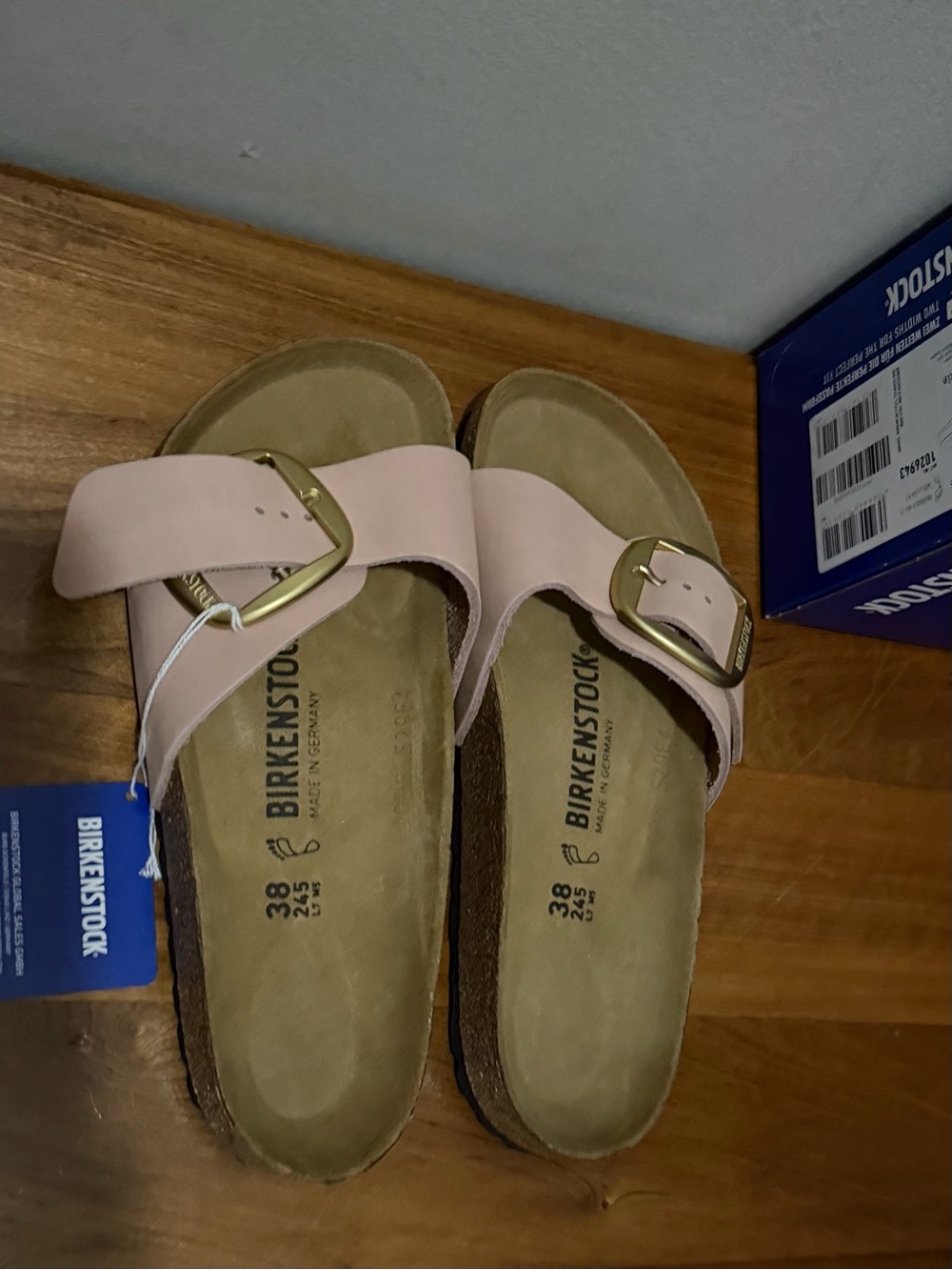 Birkenstock Women’s Madrid Big Buckle  Sandals with Gold Buckles-Baby Pink